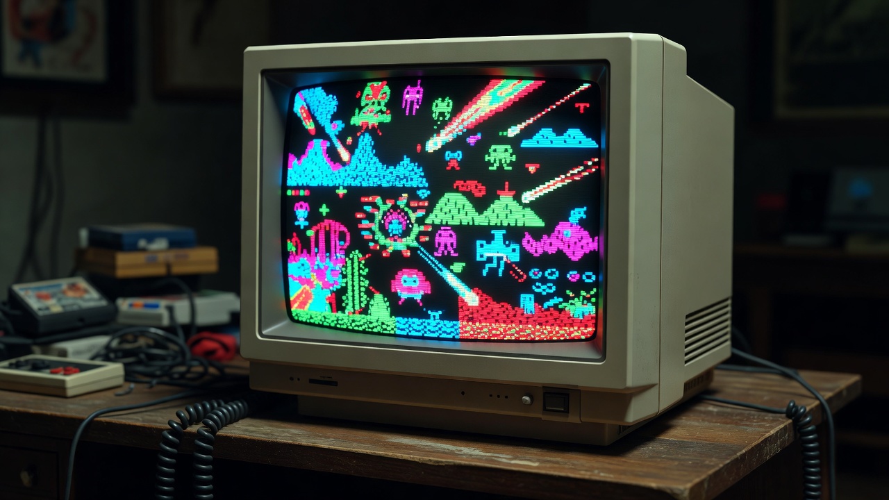 CRT monitor screen displaying vibrant retro video game pixels