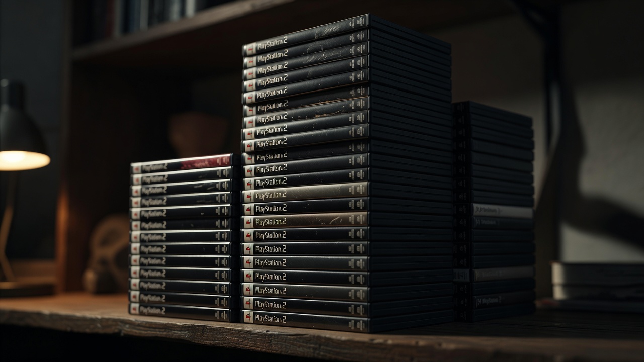 Stacked PlayStation 2 video game titles in black DVD cases